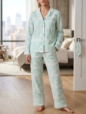 Victorias Secret Mayfair Pajama Set Soft Cotton Striped VS Logo Pockets XS Long